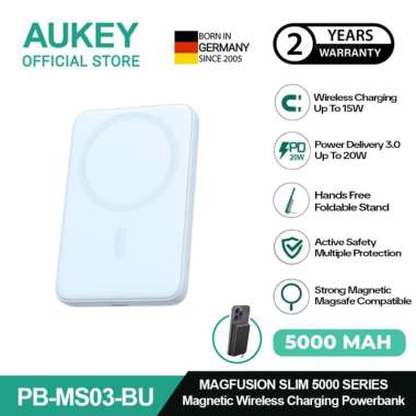 AUKEY Magnetic Wireless Powerbank Magsafe 5000mah USB-C 20W PD 3.0 MagFusion 5000 Series PB-MS03 Sky