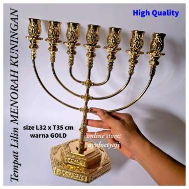 Tempat Lilin Kuningan Cabang 7 Sejajar MENORAH size 02 Besar Kaki Dian ALTAR ANTIQUE BRASS Solid Men
