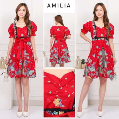 Evercloth Amilia Dress Wanita Batik Couple Modern Dress Batik Modern Gaun Pesta Merah L