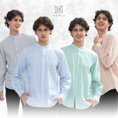 Nawla - Baju Atasan Pria Kemeja Koko Salur Kerah Ciangi Lengan Panjang Bahan Katun Warna Blue Denim 