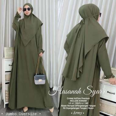 BAJU GAMIS SYARI SETELAN WANITA MUSLIM HASANAH SET KHIMAR ARMY