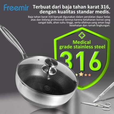 Freemir Zero coating Wajan Penggorengan 24cm Stainless Steel 316 Honey Comb Double Bottom Seri Premi