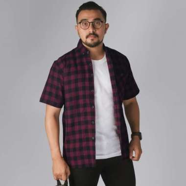 DGM Kemeja Pria Flanel Pendek Preamium Kotak Kotak Kemeja Flanel Merah Hitam Kotal Kecil 2635 L