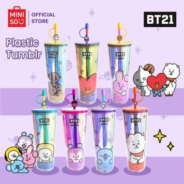 Miniso x BT21 Collection Cangkir Plastik Cangkir Jerami Dengan Penutup Cangkir Kopi Berkapasitas Bes
