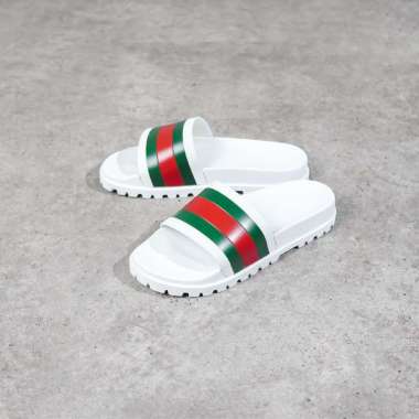 Sandal GUCCI OG STRIPE GREEN WHITE RUBBER SLIDE 100% ORIGINAL 43