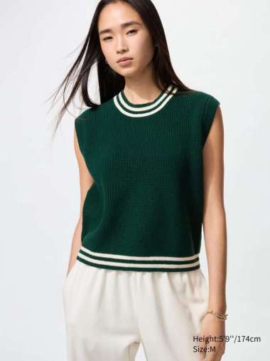 UNIQLO ROMPI rajut Kerah Bulat Crew Neck Vest Wanita green L