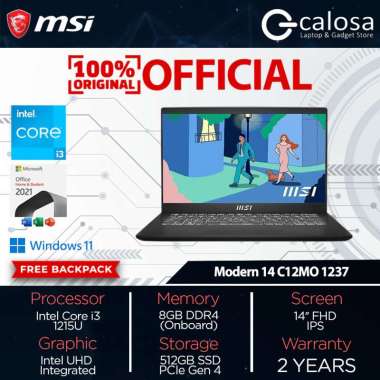 MSI Modern 14 C12MO 9S7-14J112-1237 Core i3-1215U RAM 8GB SSD 512GB 14″ FHD IPS Win 11 Home+OHS