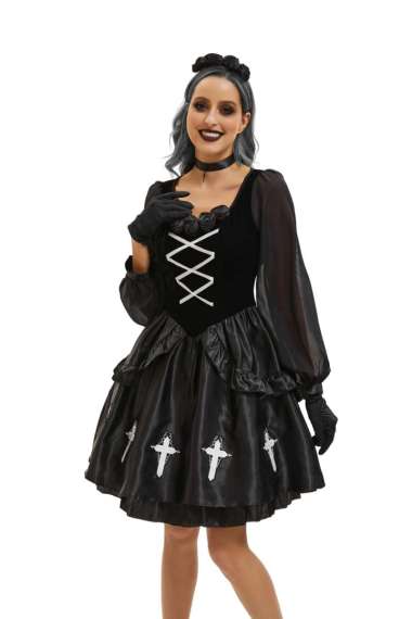 H217 Kostum Cosplay Vampir Gothic Halloween Dress Hitam Salib Plus Headband Choker Gloves M