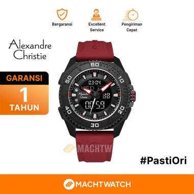Jam Tangan Pria Alexandre Christie Digi AC 9502 MH RIPBARE Men Digital Analog Dial Red Rubber Strap