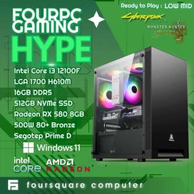 FourPCGaming Hype Rakitan Komputer Gaming Intel Core i3 12100F DDR5 16GB SSD 512GB RX 6600 8GB | RTX
