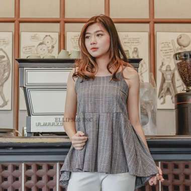 ELLIPSESINC Tank Top Kotak Wanita/Atasan Baby Doll Korea Wanita/ Strappy Houndstooth Tank L BIRU