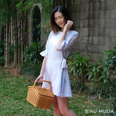 Dress Terusan Scuba Wanita Model Korea / Onana Scuba Stripes Dress BIRU MUDA