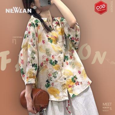 Blouse Bunga Bunga Kemeja Sifon Atasan Longgar Lengan Panjang Wanita Kemeja Bunga Bunga M