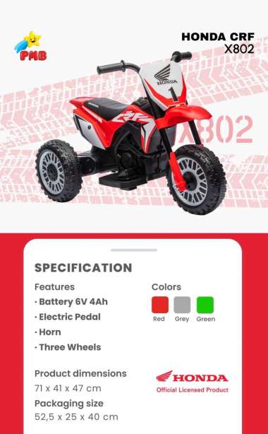 MOTOR MAINAN ANAK X802 HONDA CRF 450R ELECTRIC RIDE ON X 802 PMB TOYS
