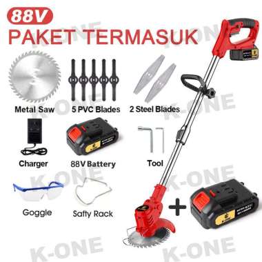 K-ONE 188V Mesin Pemotong Rumput 88V Merah 2 Baterai