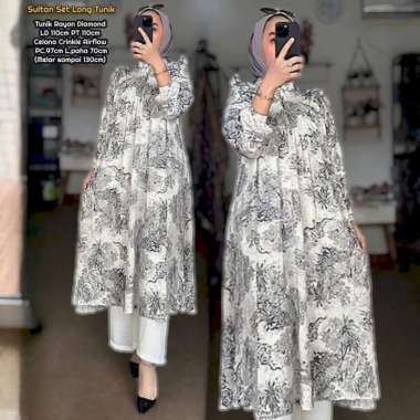 Elnaura Set Long Tunik - One Set Wanita Long Tunik Rayon Premium Setelan Wanita Kekinian Ruffle Leng