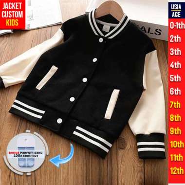 JAKET ANAK VARSITY POLOS ( HITAM CREAM ) JACKET KIDS BASEBALL CUSTOM POLOS 7-8 tahun