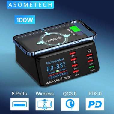 ASOMETECH Charging Station USB Dock QC3.0 Wireless Charge 8 Port 100W WLX-X9 Hitam