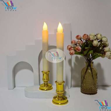 Lilin LED Putih Panjang Altar Tatakan Gold Hiasan Dekorasi Meja LP 13