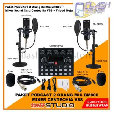 Paket 2 PODCAST Mic BM800 + Mixer Sound Card Centechia V8S + Tripod Stand Mic Meja