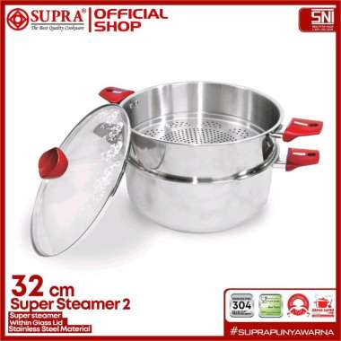 SUPRA Panci Kukus Steamer Super Stainless Steel 2 Susun Tutup Kaca 32 Cm Red