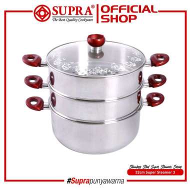 SUPRA Panci Kukus Steamer Super Stainless Steel 3 Susun Tutup Kaca 32 Cm Red