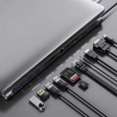 Docktion USB Hub Type C Adaptor 11 in 1 HDMI 4K AUX Card Reader BYL-2003 Type C Panjang Terminal Kab