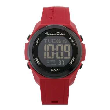 Jam Tangan Pria Alexandre Christie Digi AC 9342 MH RIGBARE Men Black Digital Dial Red Rubber Strap