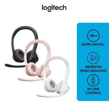 Headset Logitech H390 USB - BLACK WHITE PINK putih