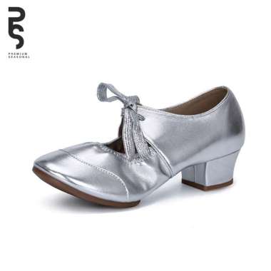 OLA - Sepatu Dansa Wanita Kulit Latin/ Line Dance Pita Tali Heels 41 Silver