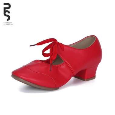 OLA - Sepatu Dansa Wanita Kulit Latin/ Line Dance Pita Tali Heels 41 Merah