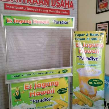 Booth Portable Meja Lipat Rombong Es Teh ukuran 120x60 bahan aluminium dengan Banner Promosi