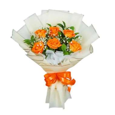 Buket Bunga Mawar Orange - Karangan Mawar Orange Beragam Tangkai - FlowerAdvisor 6 Tangkai