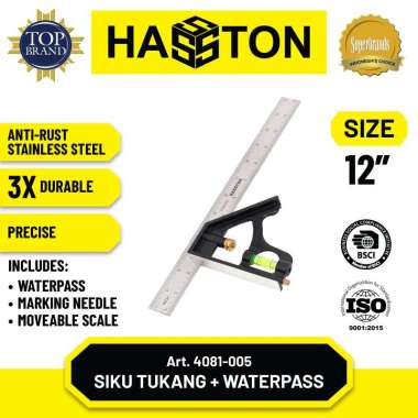 Hasston Siku Tukang Stainless Steel / Penggaris Siku (3910) 12'' + Waterpass
