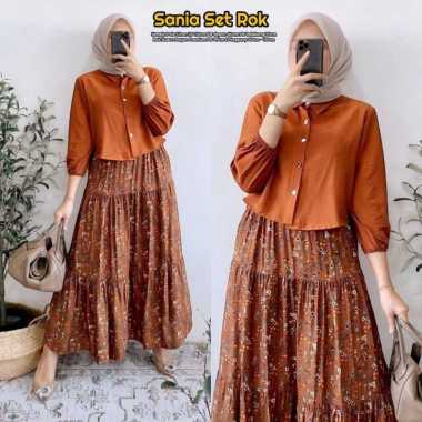 Sania Set Rok - One Set Wanita Kemeja Polo Linen Premium Setelan Wanita Kekinian Rok Bunga LD 110cm
