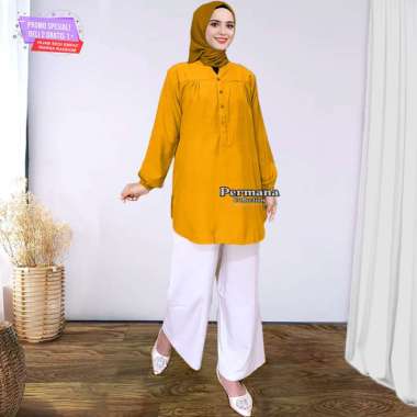 Baju Atasan Blouse Wanita Kemeja Lengan Panjang Kuning Lemon Dewasa - Kuning, M 4XL Kuning Kunyit