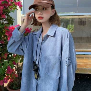 Kemeja, kemeja wanita, kemeja korduroi gaya korea jaket kemeja lengan panjang longgar XXL biru