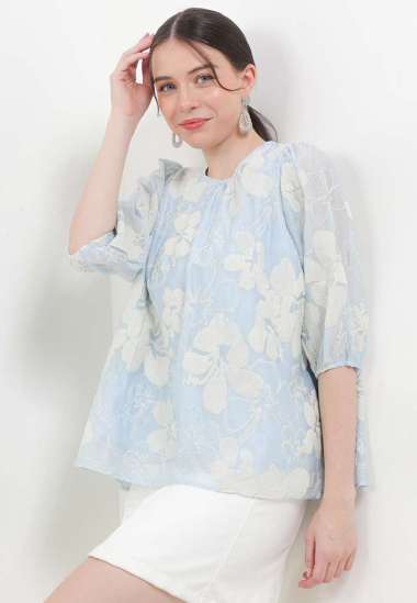 ICONS EMB PUFF SLEEVES BLOUSE WANITA MODERN KOREA BLIC5126 BLUE