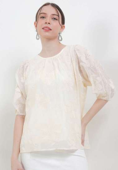 ICONS EMB PUFF SLEEVES BLOUSE WANITA MODERN KOREA BLIC5126 CREAM