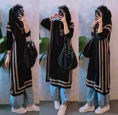 Tunik Bahan Knit -Long Tunik Knit Line - Atasan Tunik Wanita HITAM