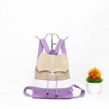 Tas ransel wanita korean style aesthetic rajut etnik kombinasi warna ukuran 25x30 cm LIlac