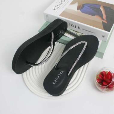 Sandal Wedges Wanita Dewasa Tali Jepit Full Mutiara Terbaru Kekinian 36 Hitam