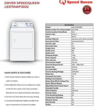 Dryer Speed Queen LES17AWF3022 15 Kg Front Loading Listrik Laundry - Mesin Pengering Baju