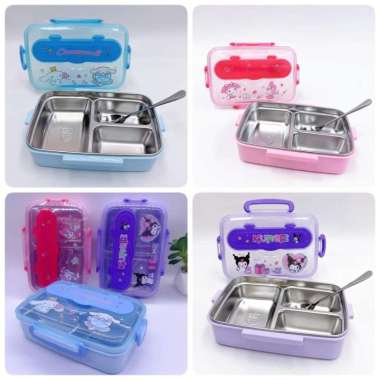 Lunch Box Stainless Kotak Makan Sekat FREE SENDOK Tempat Bekal Meal Melody Pink Sekat 3
