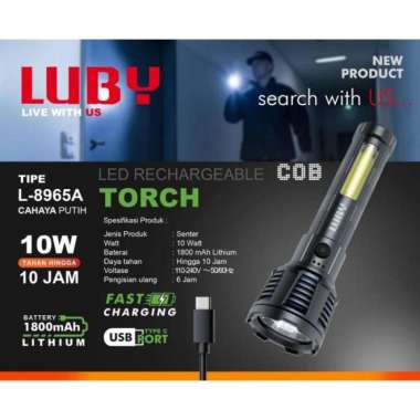 Senter Tangan Luby L8965A Lithium 10 watt COB Led Rechargeable Cahaya Putih 10 Jam USB C 8965 A LED