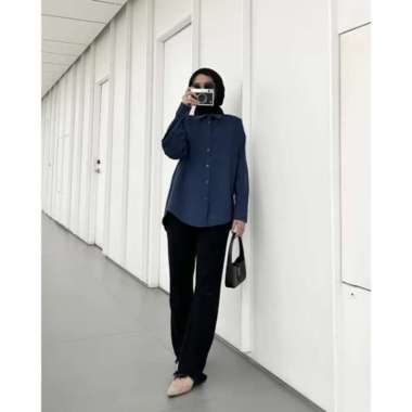 GONEGANI OFFICIAL - Atasan Kemeja Polos Wanita Lous Shirt Navy