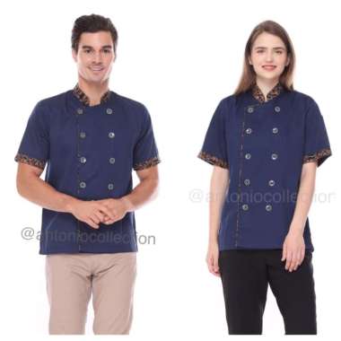Baju Koki / Chef biru dongker kombinasi batik cokelat M