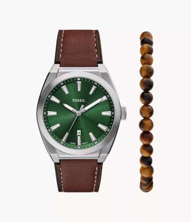 Fossil Everett Three-Hand Date Brown Leather and Bracelet Set - Jam Pria - FS6080SET