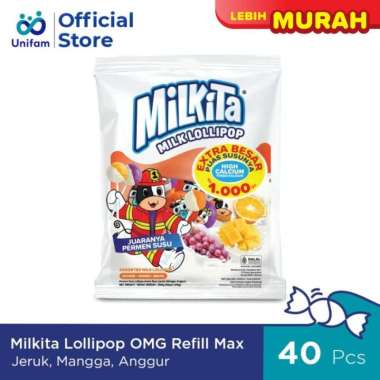 Milkita Permen Lolipop Susu Max Refill - Milk Candy 1 Bag (Isi 40Pcs) - Jeruk, Mangga, Anggur REFILL