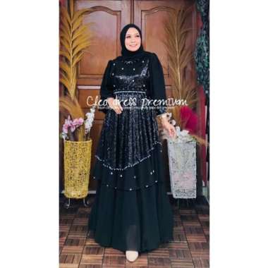 DRESS PESTA PREMIUM GAMIS MEWAH PESTA TERBARU CLEO DRESS PREMIUM SERIBU PAYET Ld110cm (Standard) Hit